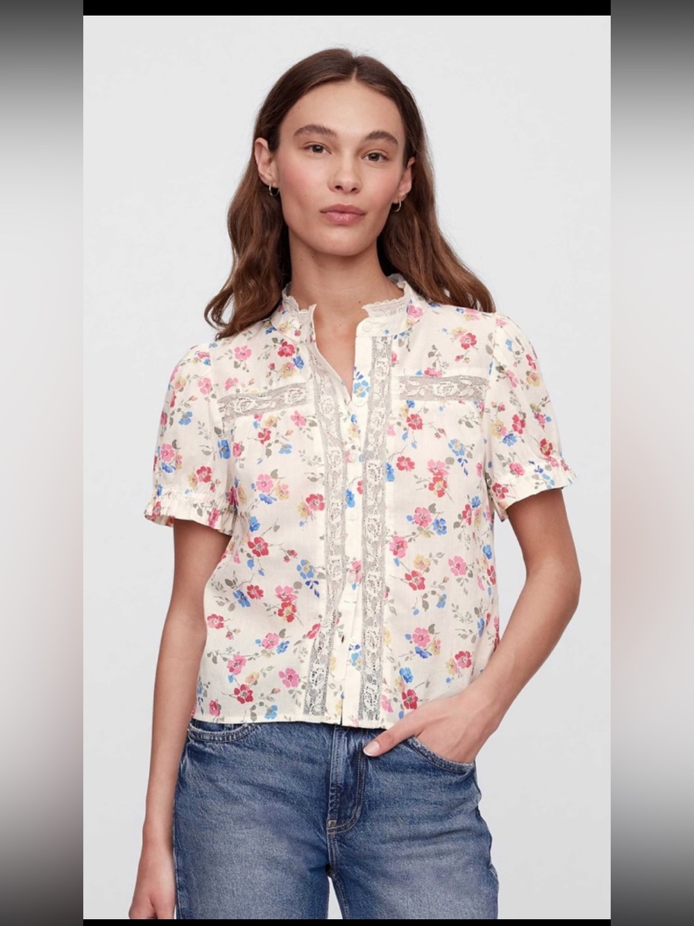 GAP XL Floral Lace Button Front Blouse Cottagecore Boho Romantic Peasant Top
